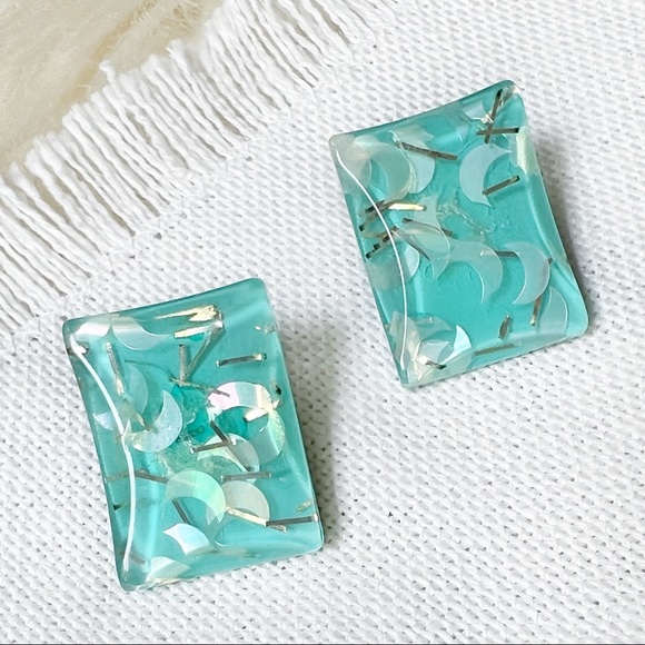 Vintage Jewelry - 1950s VINTAGE Glitter Moons Aqua Lucite Clip Earrings